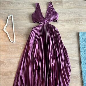 Plunging Pleated Satin Maxi Dress - purple